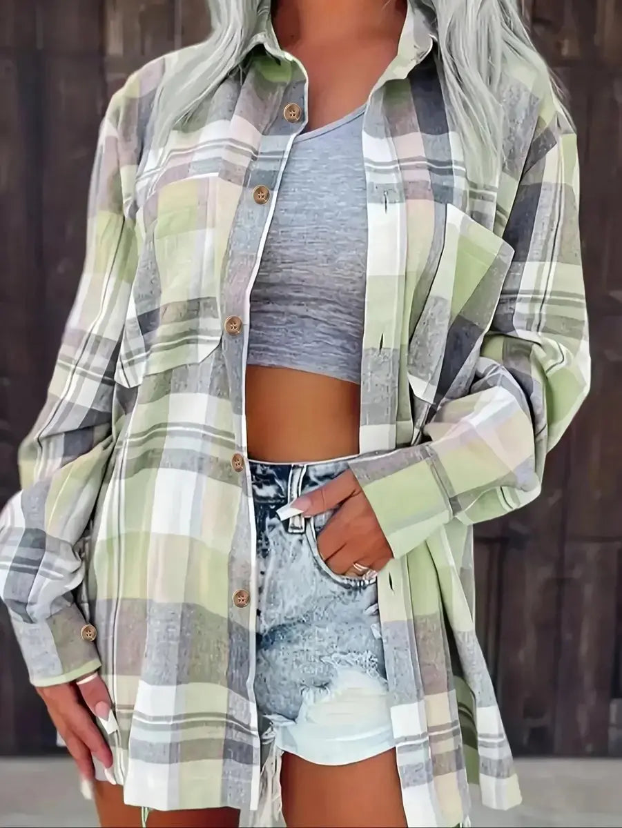 Women's Oversized Plaid Flannel Open-Front Shirt Cardigan - Green