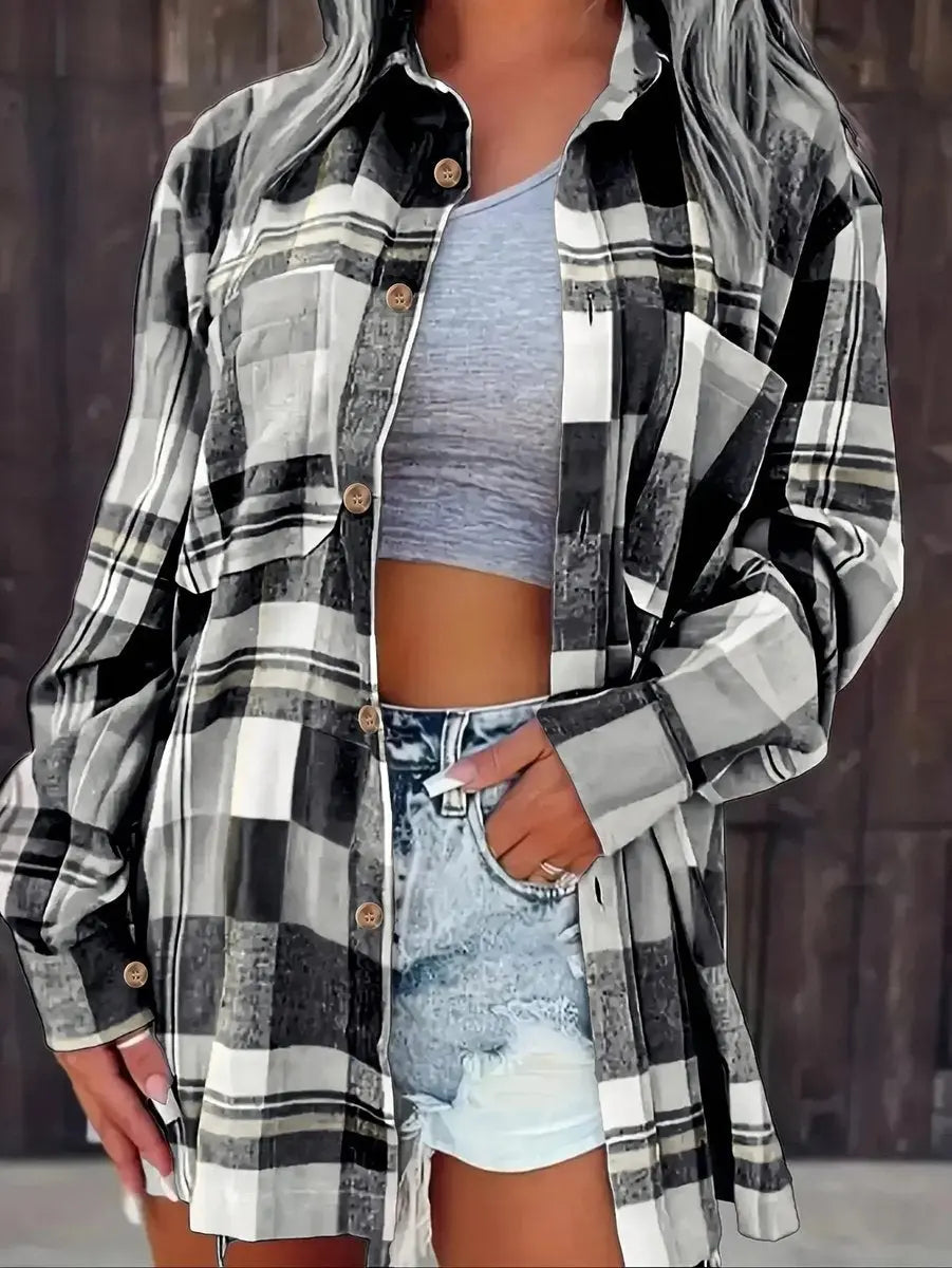 Women's Oversized Plaid Flannel Open-Front Shirt Cardigan - Black