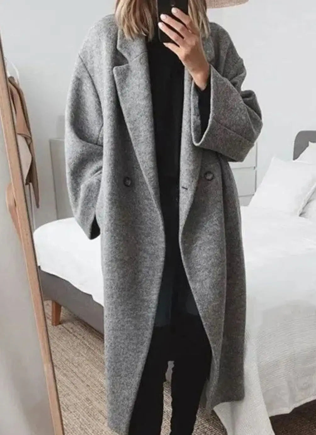Women's Oversized Relaxed Fit Double-Breasted Long Coat - Grey