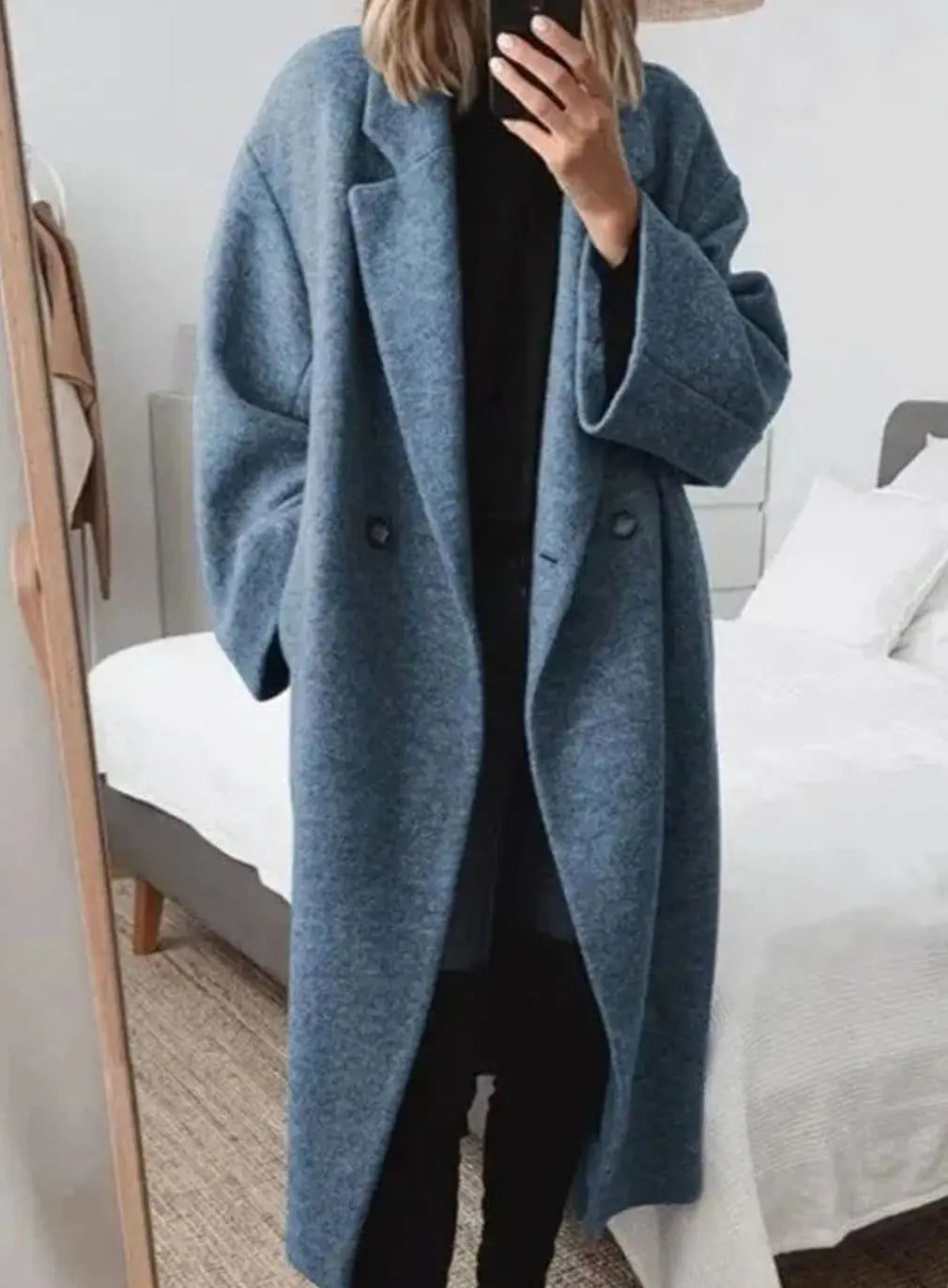 Women's Oversized Relaxed Fit Double-Breasted Long Coat - Navy Blue