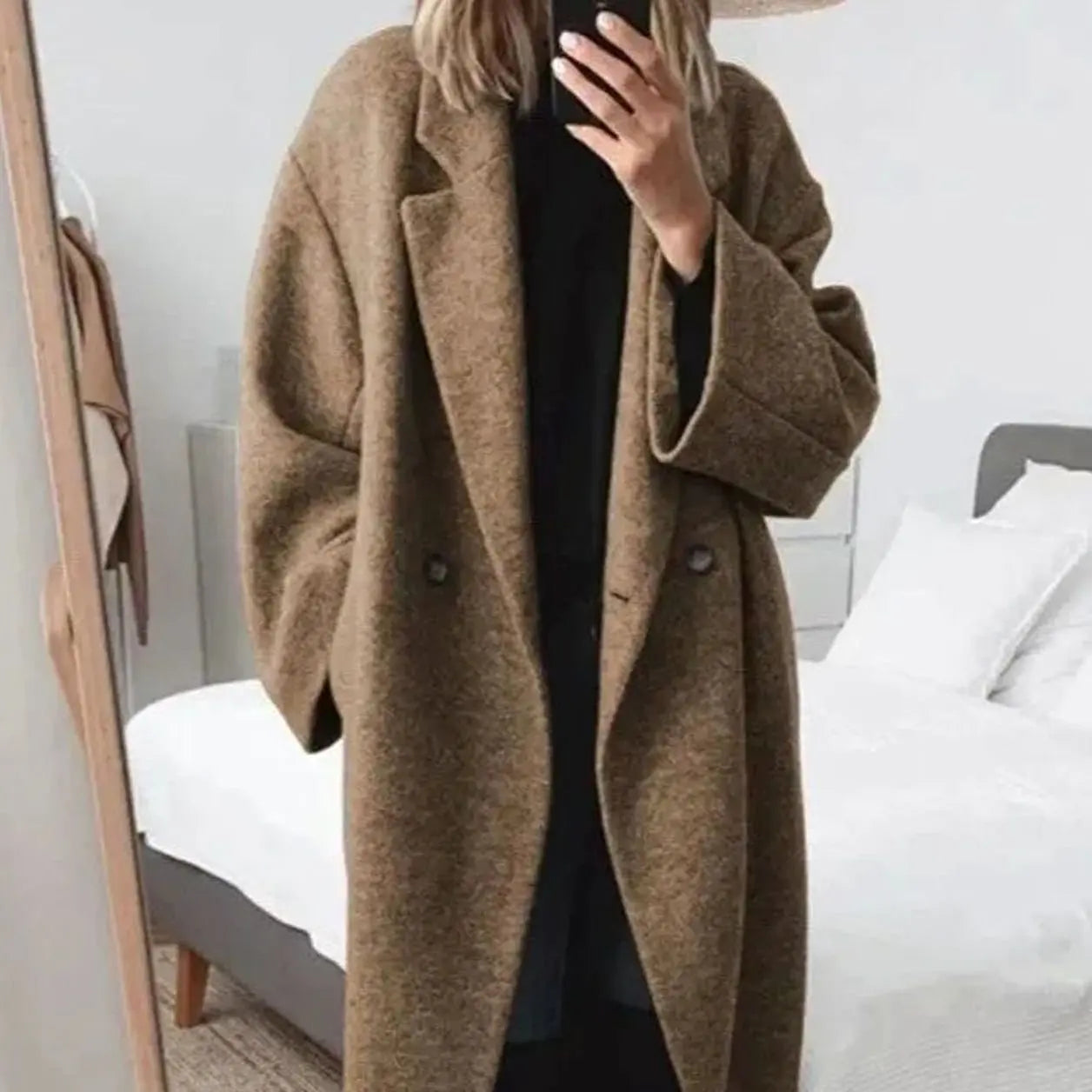 Women's Oversized Relaxed Fit Double-Breasted Long Coat - Brown