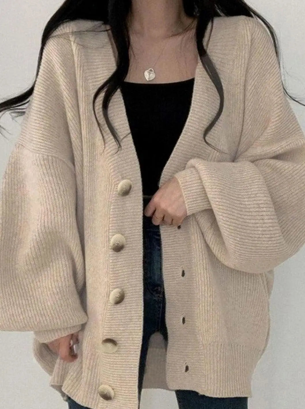 Women's Oversized Ribbed Knit Cardigan Balloon-Sleeve Button-Down Winter Jumper - Beige