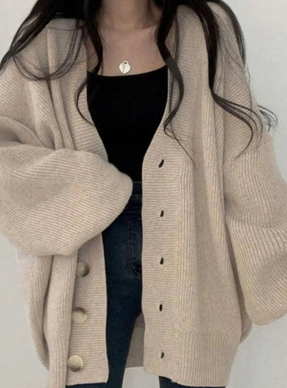 Women's Oversized Ribbed Knit Cardigan Balloon-Sleeve Button-Down Winter Jumper
