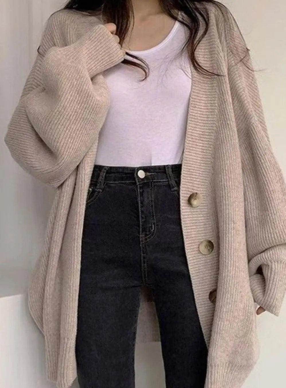Women's Oversized Ribbed Knit Cardigan Balloon-Sleeve Button-Down Winter Jumper