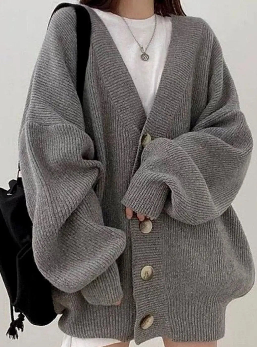 Women's Oversized Ribbed Knit Cardigan Balloon-Sleeve Button-Down Winter Jumper - Grey