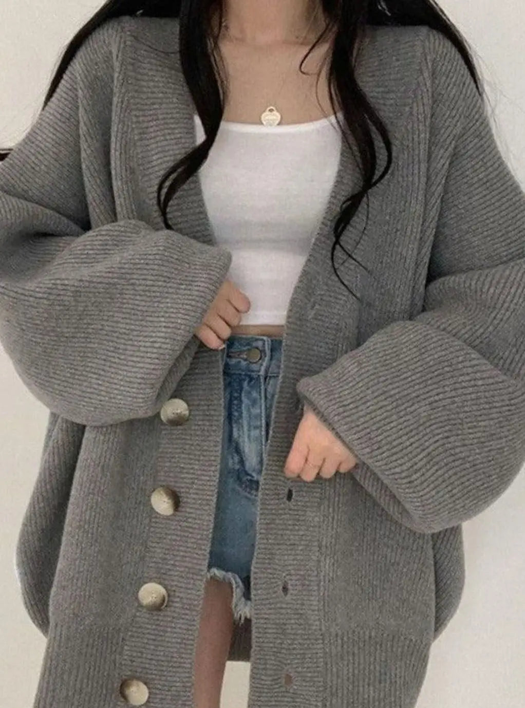 Women's Oversized Ribbed Knit Cardigan Balloon-Sleeve Button-Down Winter Jumper