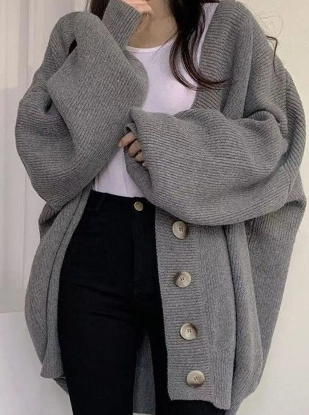Women's Oversized Ribbed Knit Cardigan Balloon-Sleeve Button-Down Winter Jumper