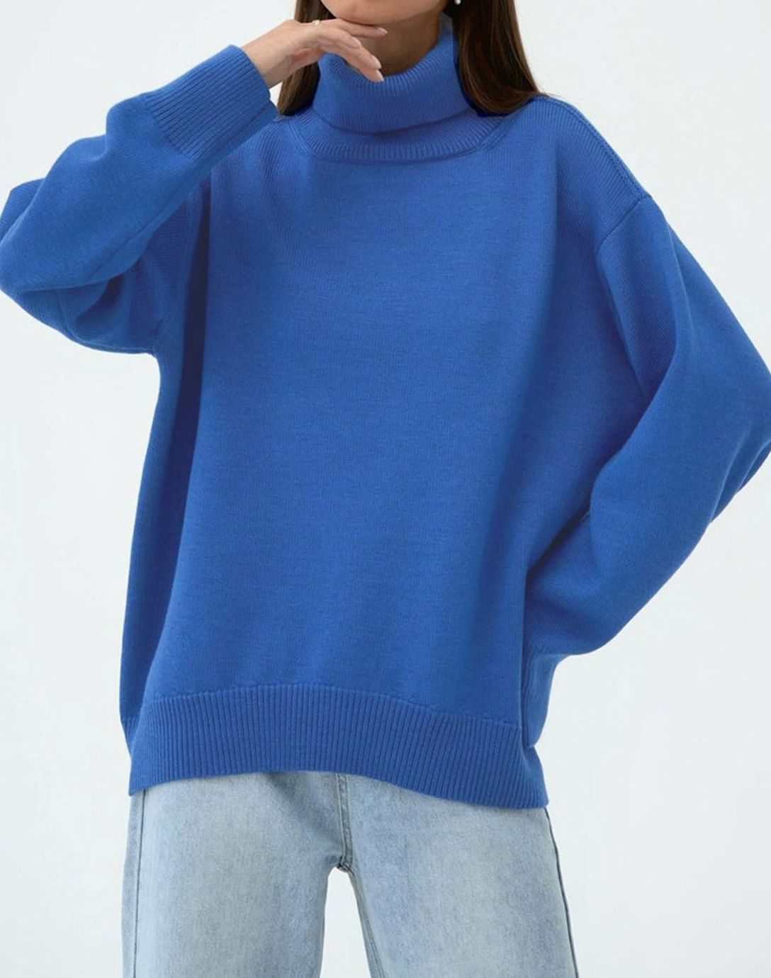 Women's Oversized Roll Neck Jumper Drop Shoulder Knit Pullover - Blue