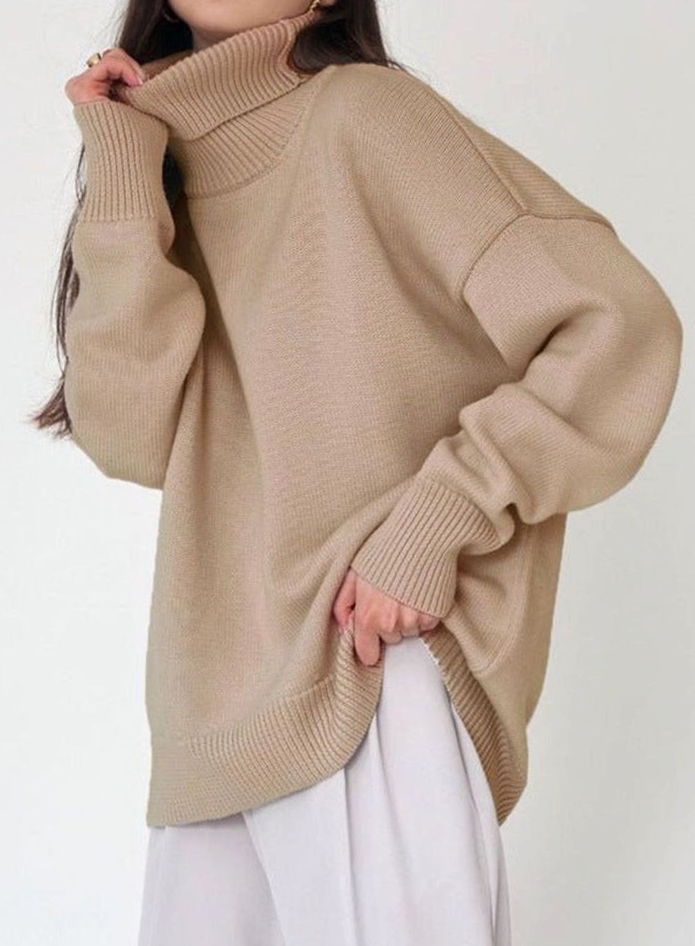 Women's Oversized Roll Neck Jumper Drop Shoulder Knit Pullover