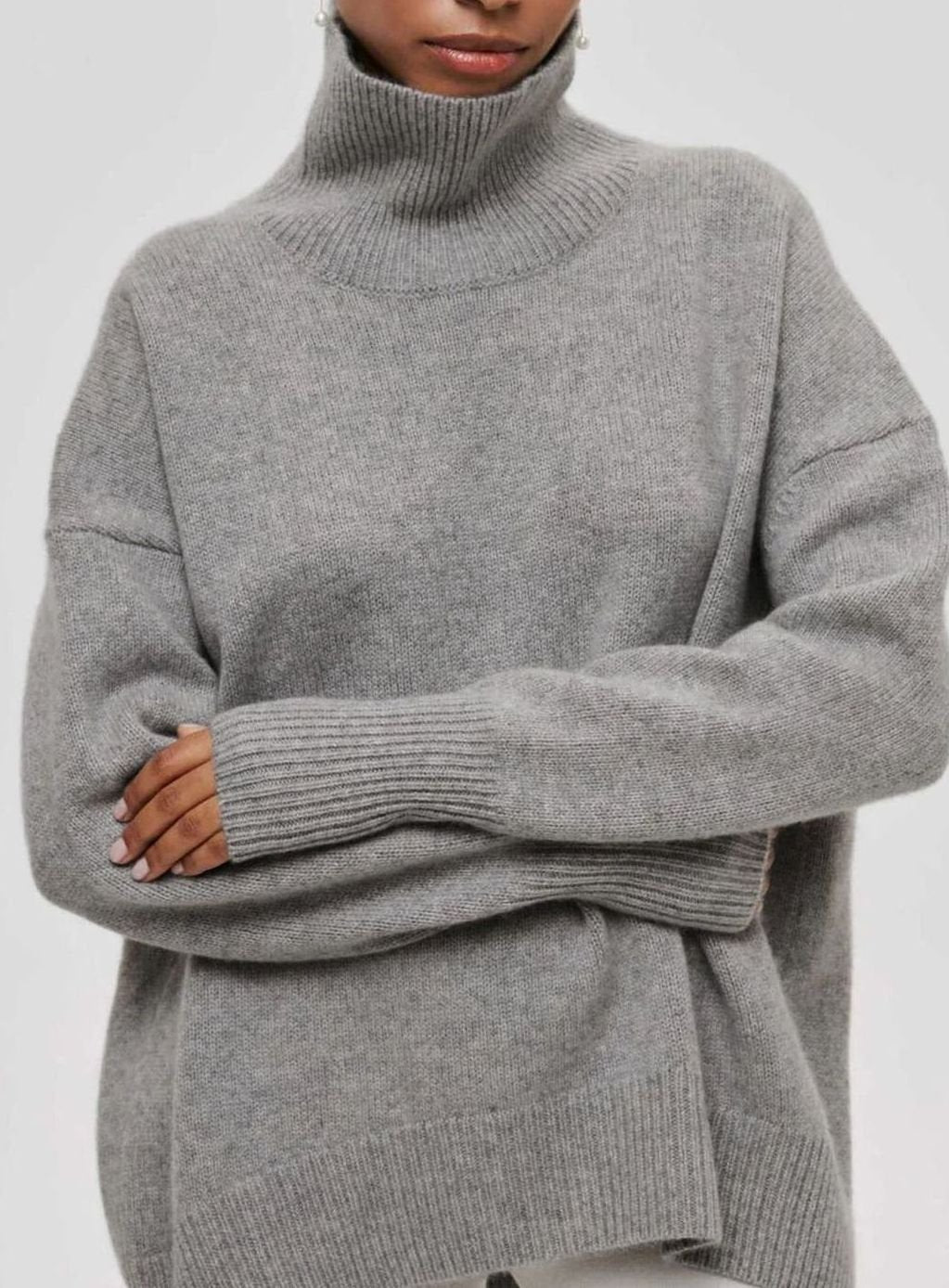 Women's Oversized Roll Neck Ribbed Knit Elbow-Slit Jumper - Grey