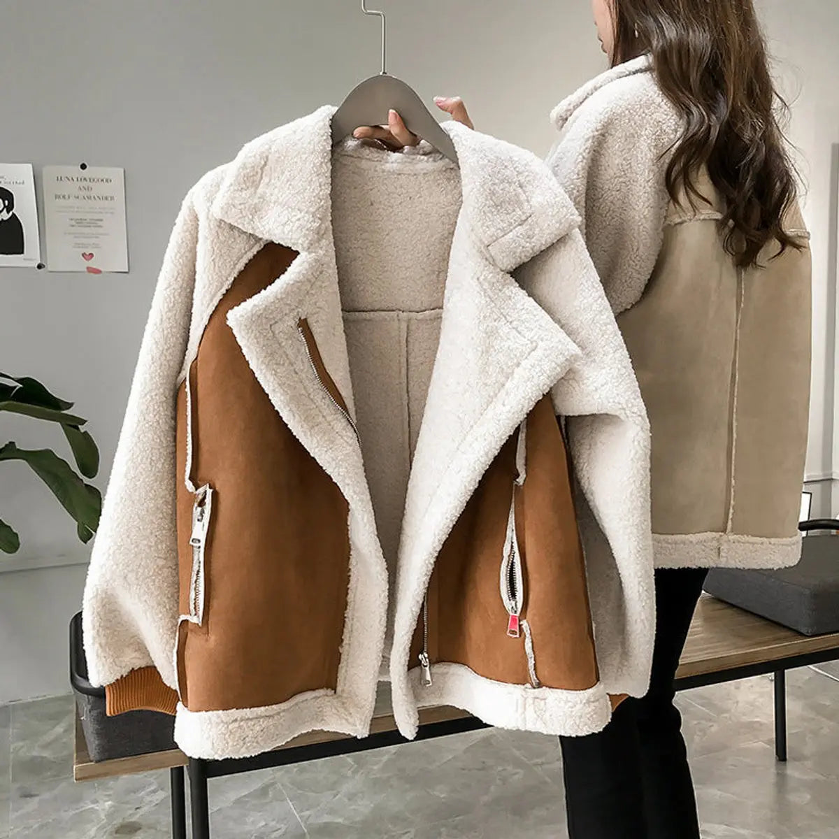 Women's Oversized Sherpa Fleece Winter Coat Zip-Up Jacket - Bronze