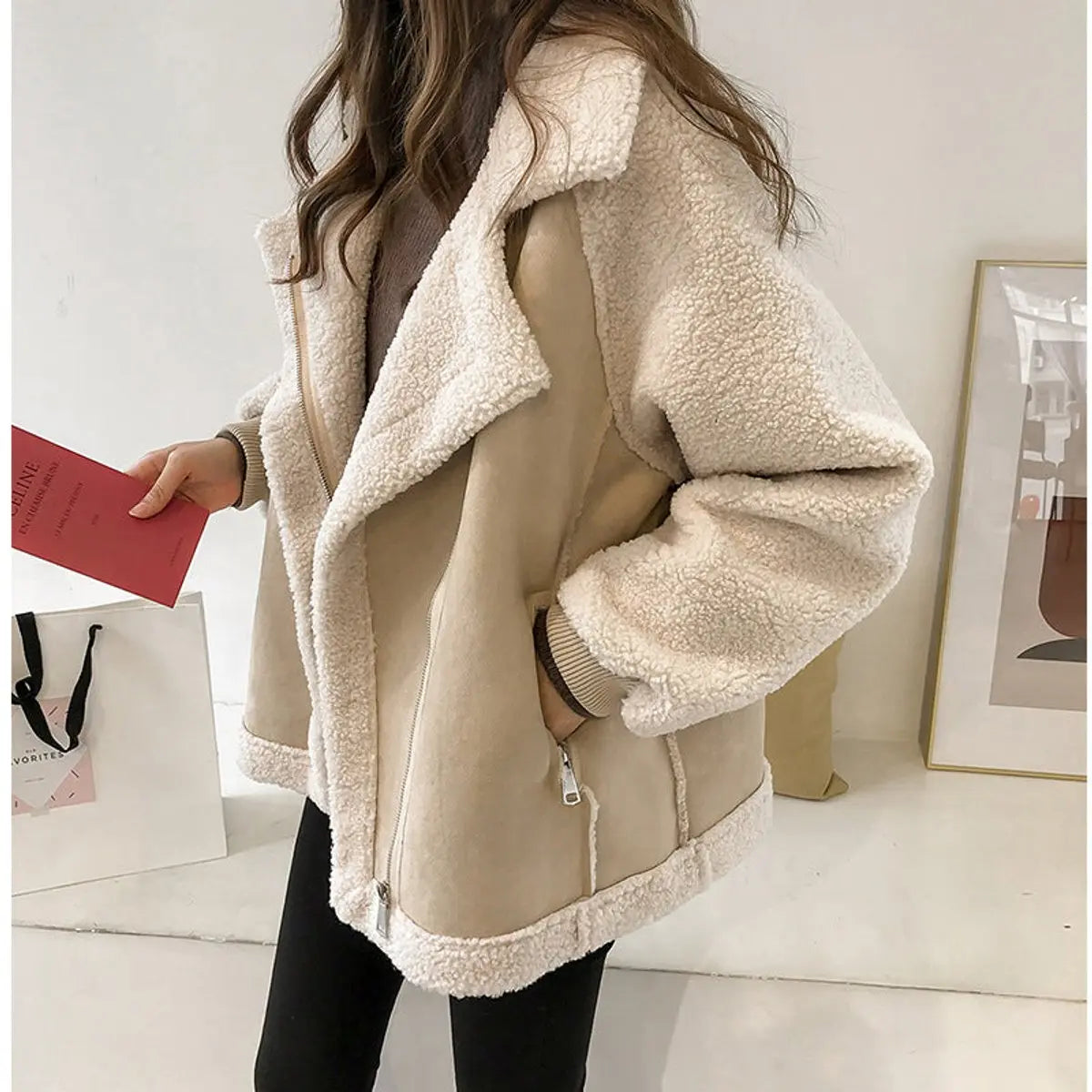 Women's Oversized Sherpa Fleece Winter Coat Zip-Up Jacket - Beige