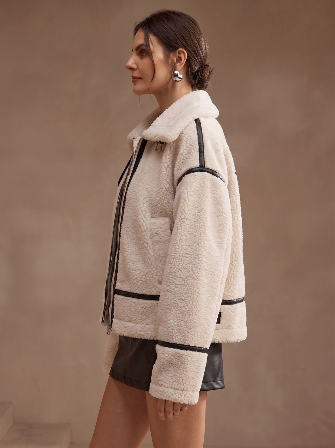 Women's Oversized Sherpa Teddy Jacket Contrast Trim Zip-Up