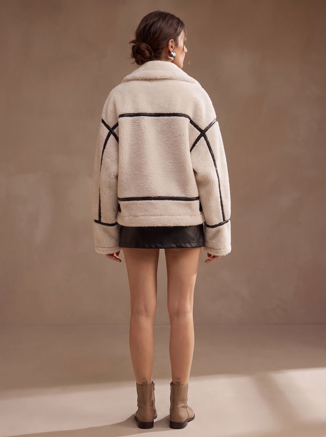 Women's Oversized Sherpa Teddy Jacket Contrast Trim Zip-Up