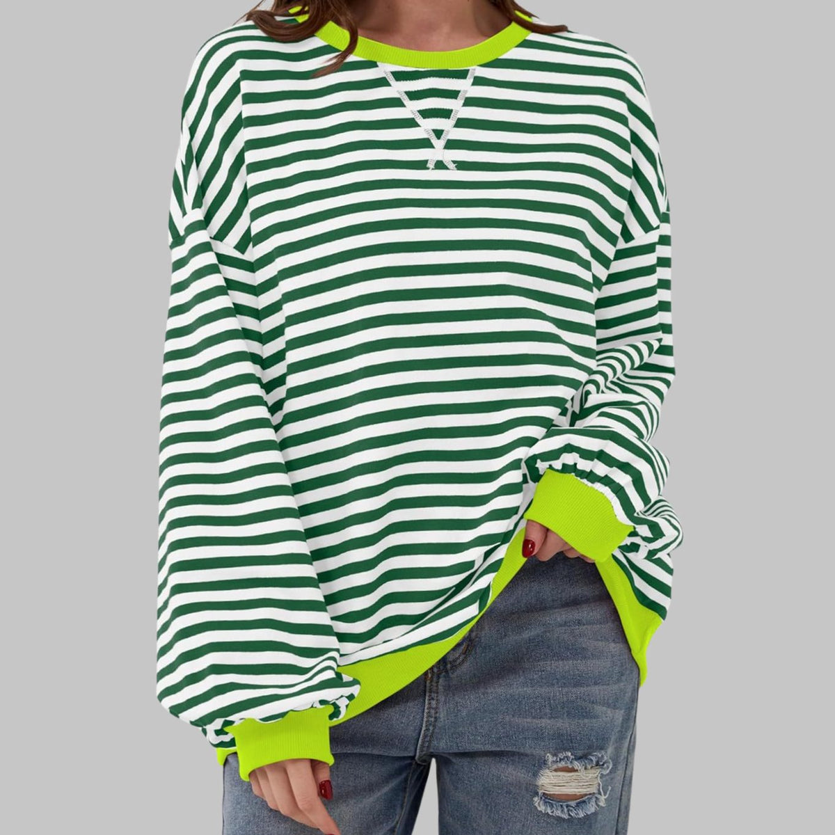 Women's Oversized Striped Crewneck Retro Sweatshirt, Black and White - Dark Green