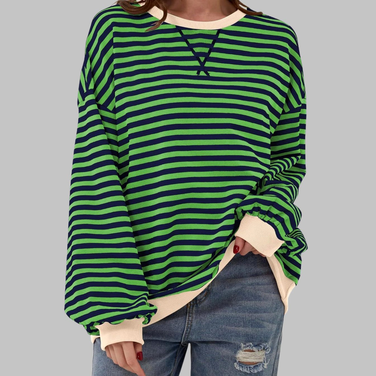 Women's Oversized Striped Crewneck Retro Sweatshirt, Black and White - Green