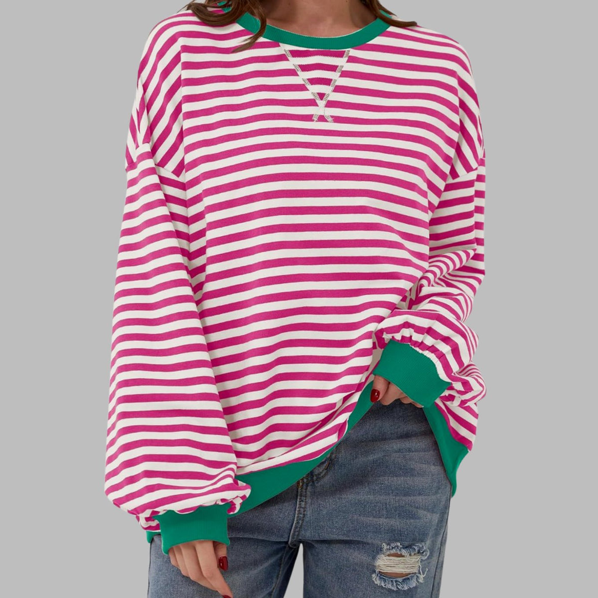 Women's Oversized Striped Crewneck Retro Sweatshirt, Black and White - Hot Pink
