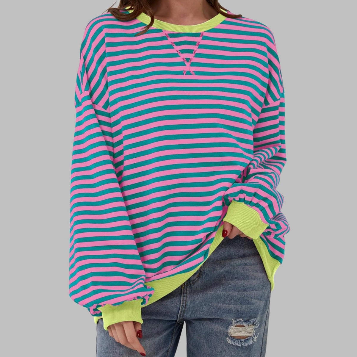 Women's Oversized Striped Crewneck Retro Sweatshirt, Black and White - Pink