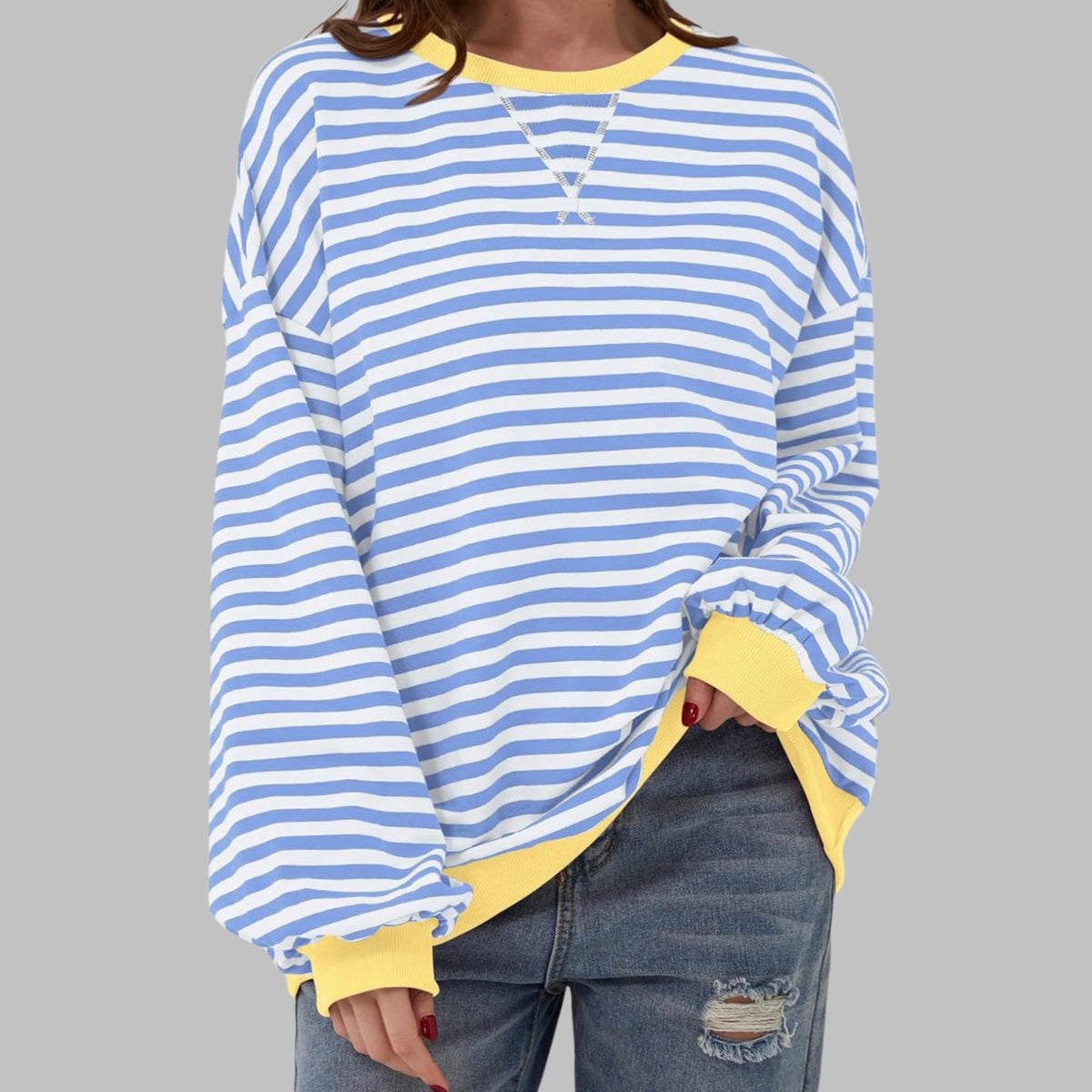 Women's Oversized Striped Crewneck Retro Sweatshirt, Black and White - Sky Blue