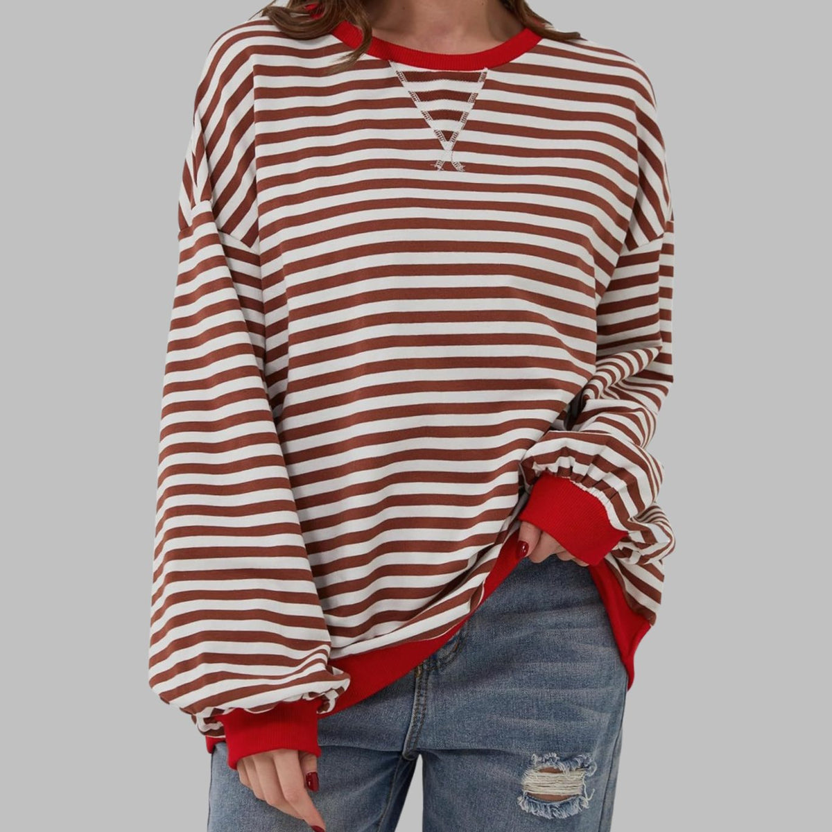 Women's Oversized Striped Crewneck Retro Sweatshirt, Black and White - Red