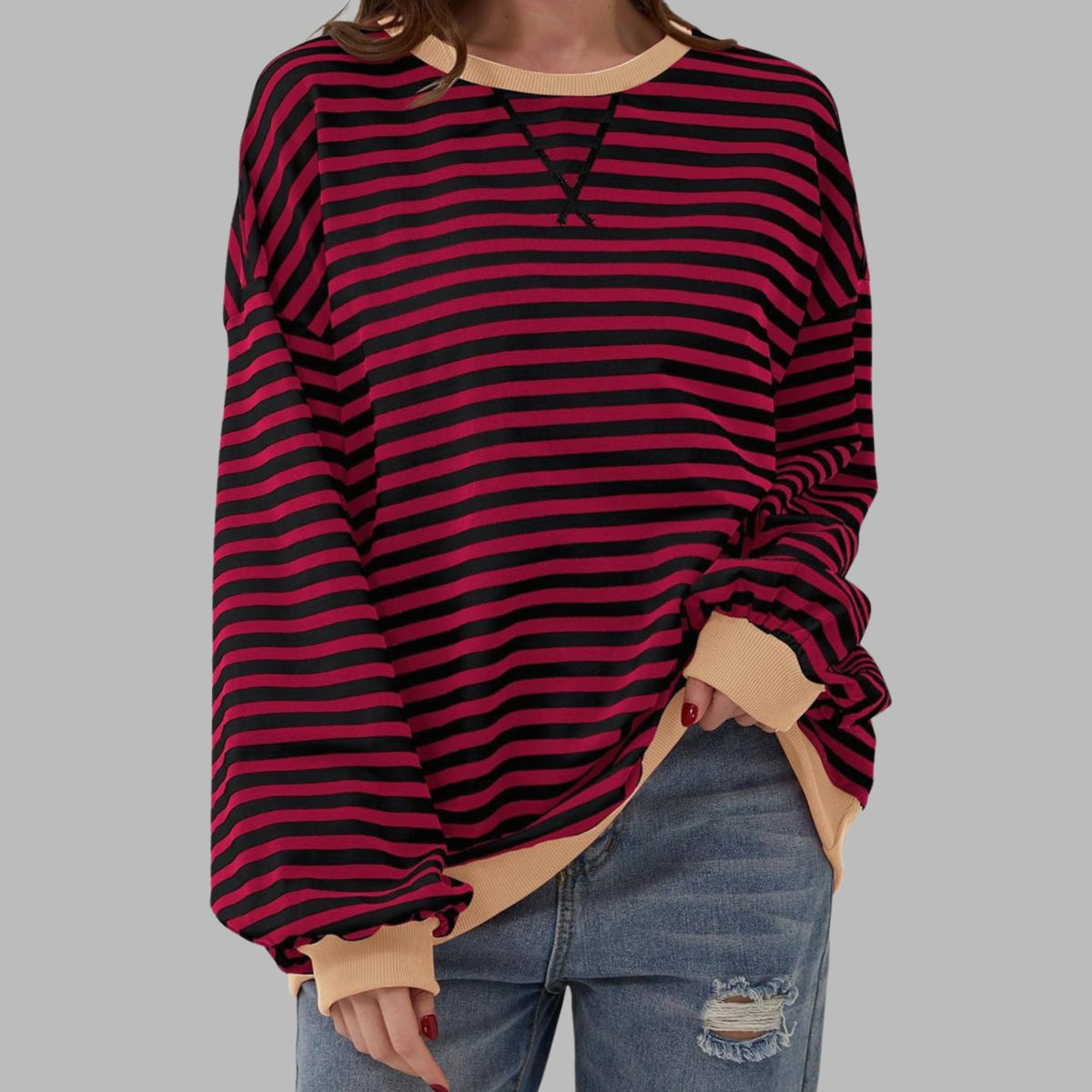 Women's Oversized Striped Crewneck Retro Sweatshirt, Black and White - Burgundy