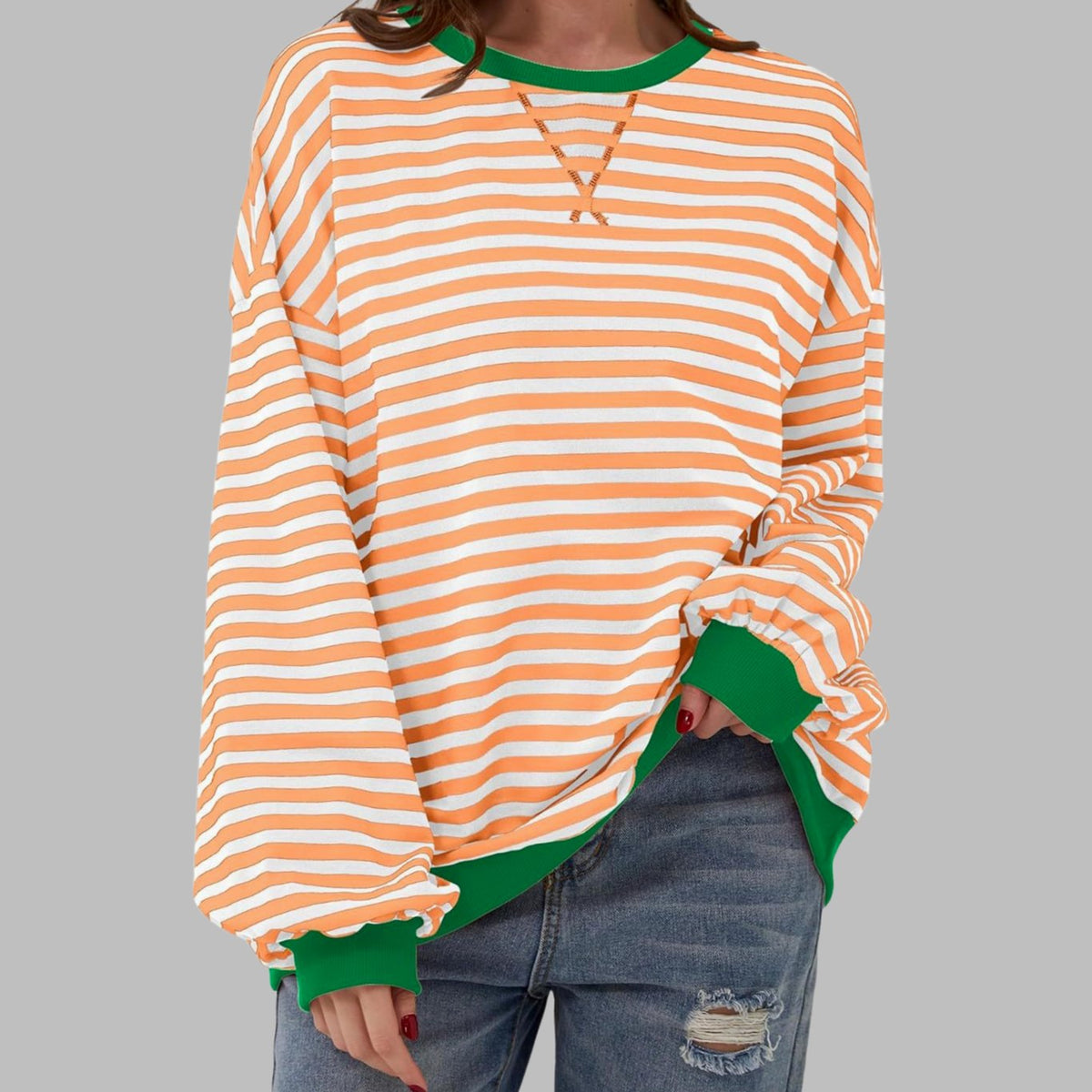 Women's Oversized Striped Crewneck Retro Sweatshirt, Black and White - Light Orange