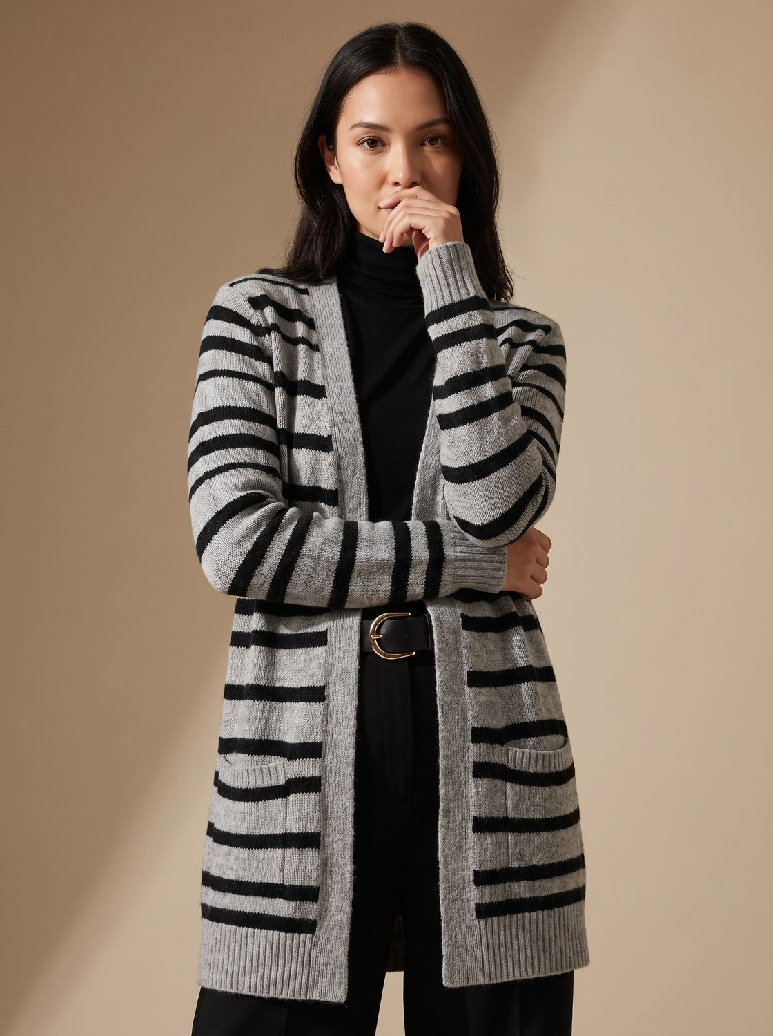 Women's Oversized Striped Long Open-Front Knit Cardigan