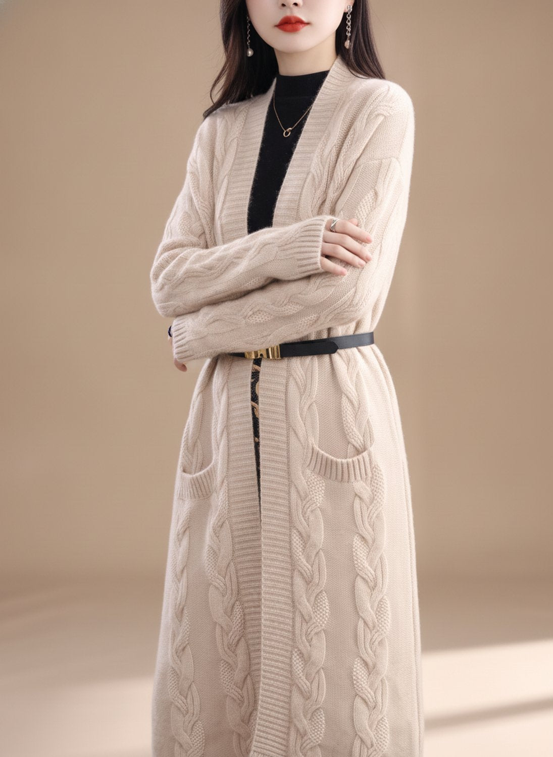 Women's Oversized Striped Long Open-Front Knit Cardigan