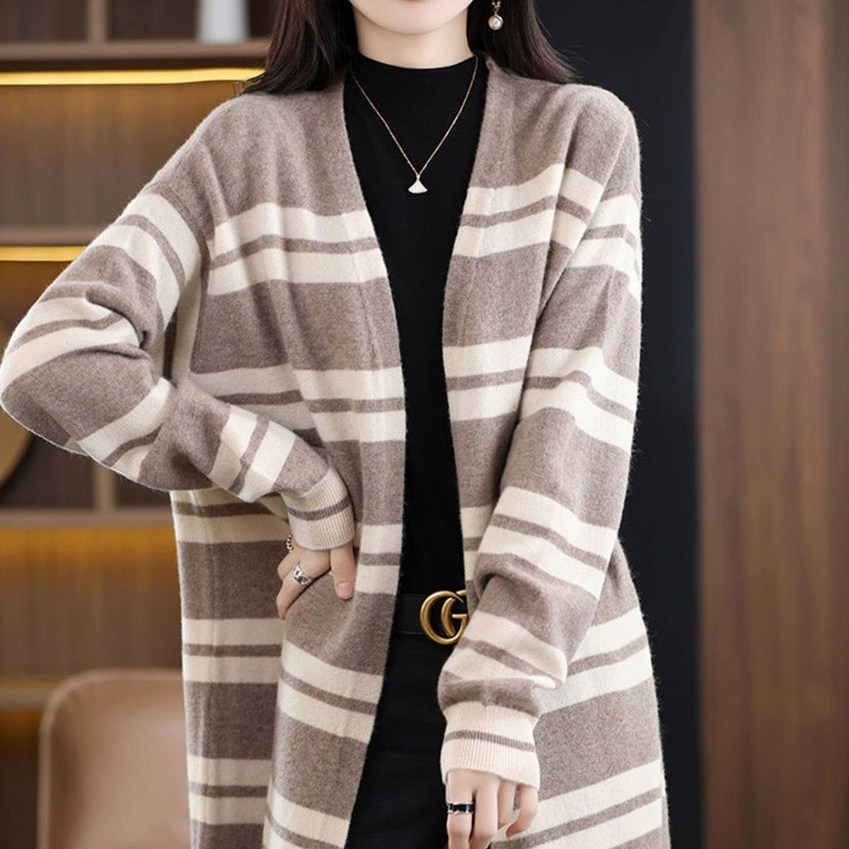 Women's Oversized Striped Long Open-Front Knit Cardigan - Beige-Camel