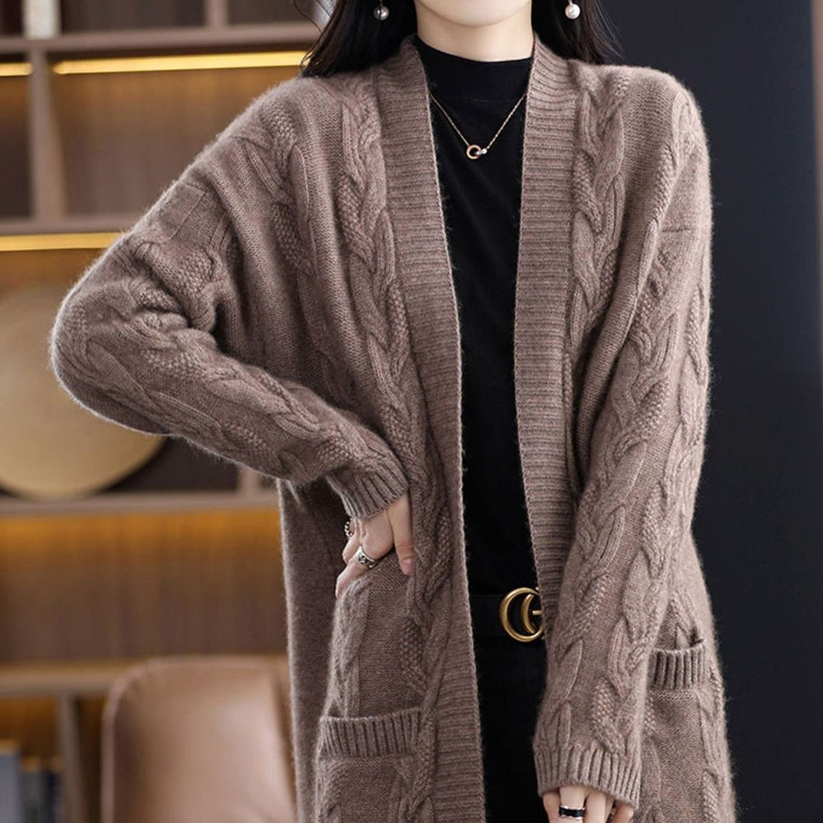 Women's Oversized Striped Long Open-Front Knit Cardigan - Camel Brown