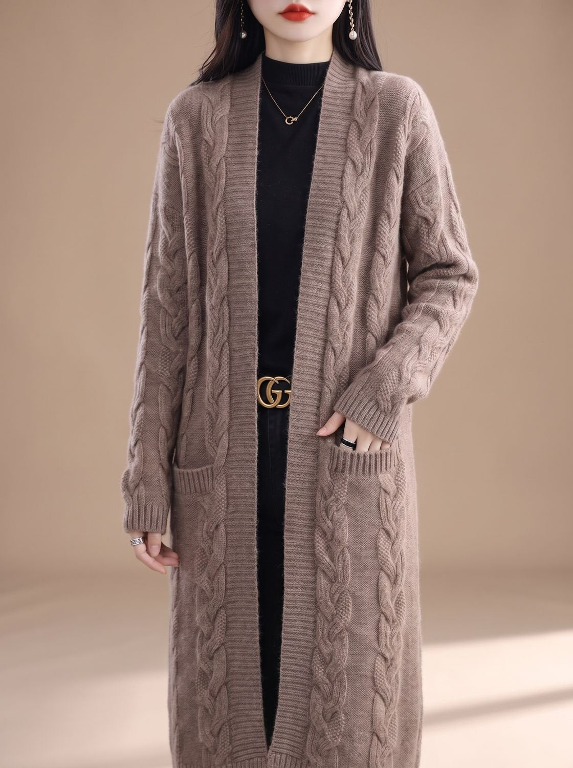 Women's Oversized Striped Long Open-Front Knit Cardigan