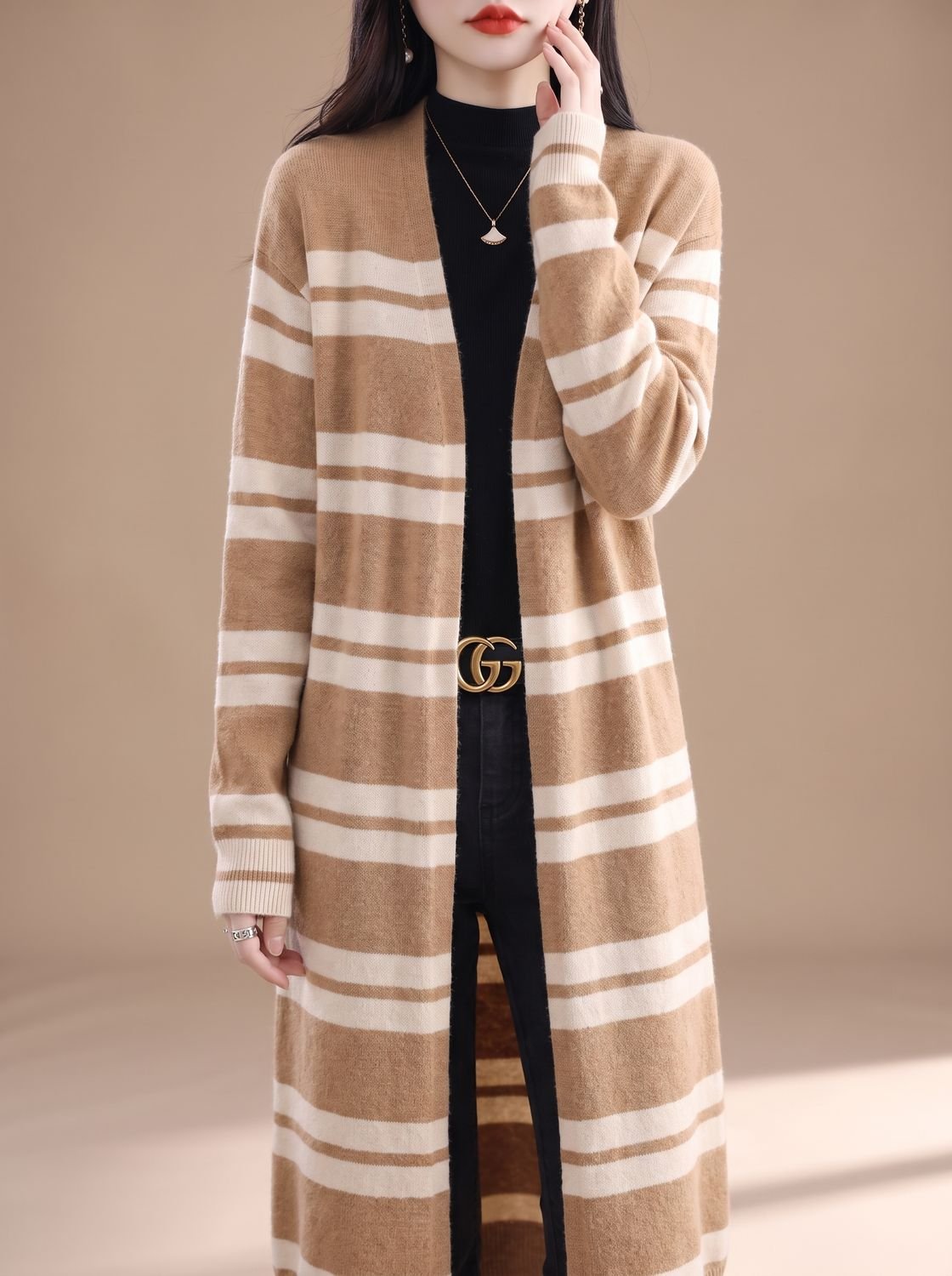 Women's Oversized Striped Long Open-Front Knit Cardigan