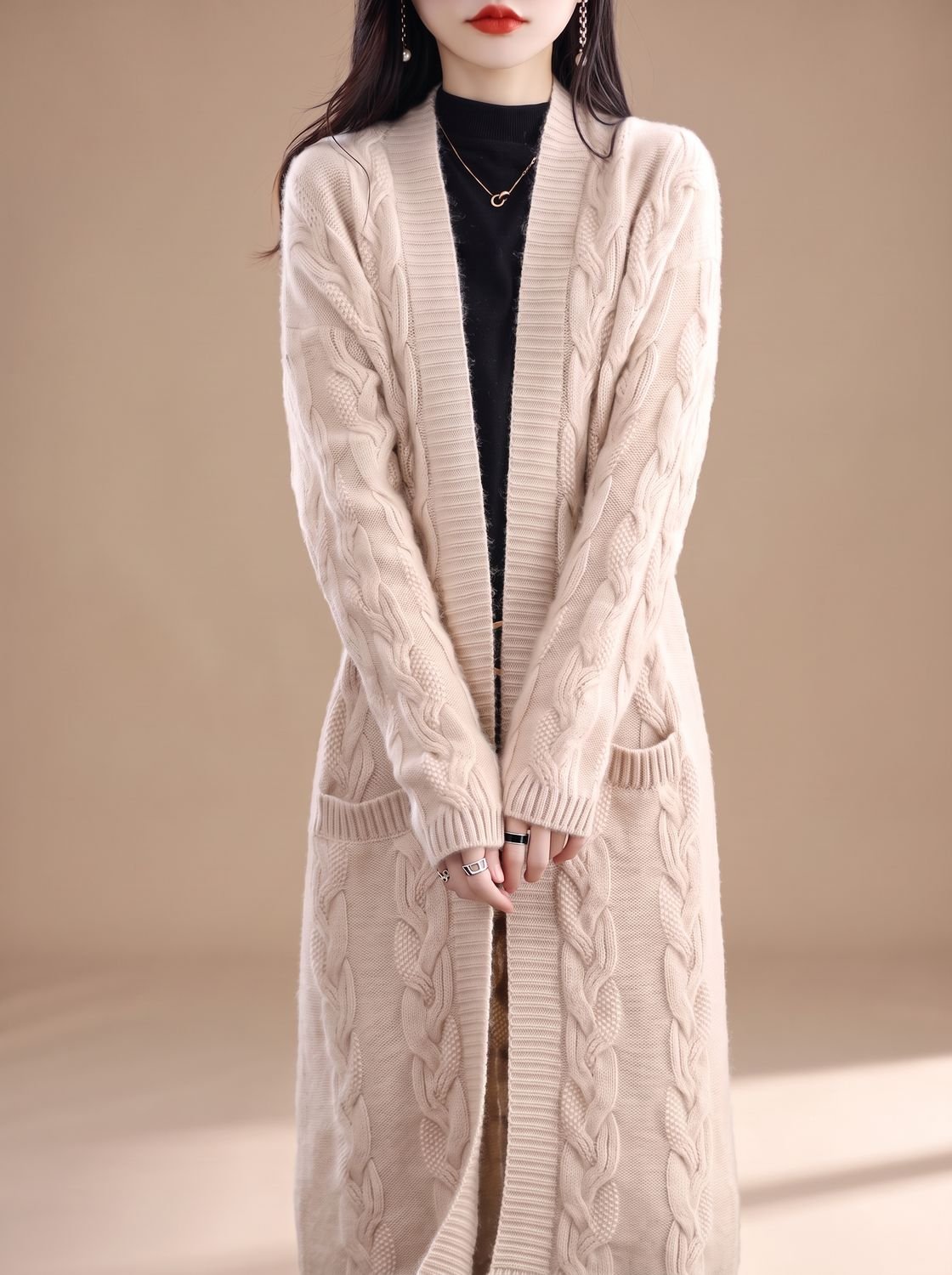 Women's Oversized Striped Long Open-Front Knit Cardigan
