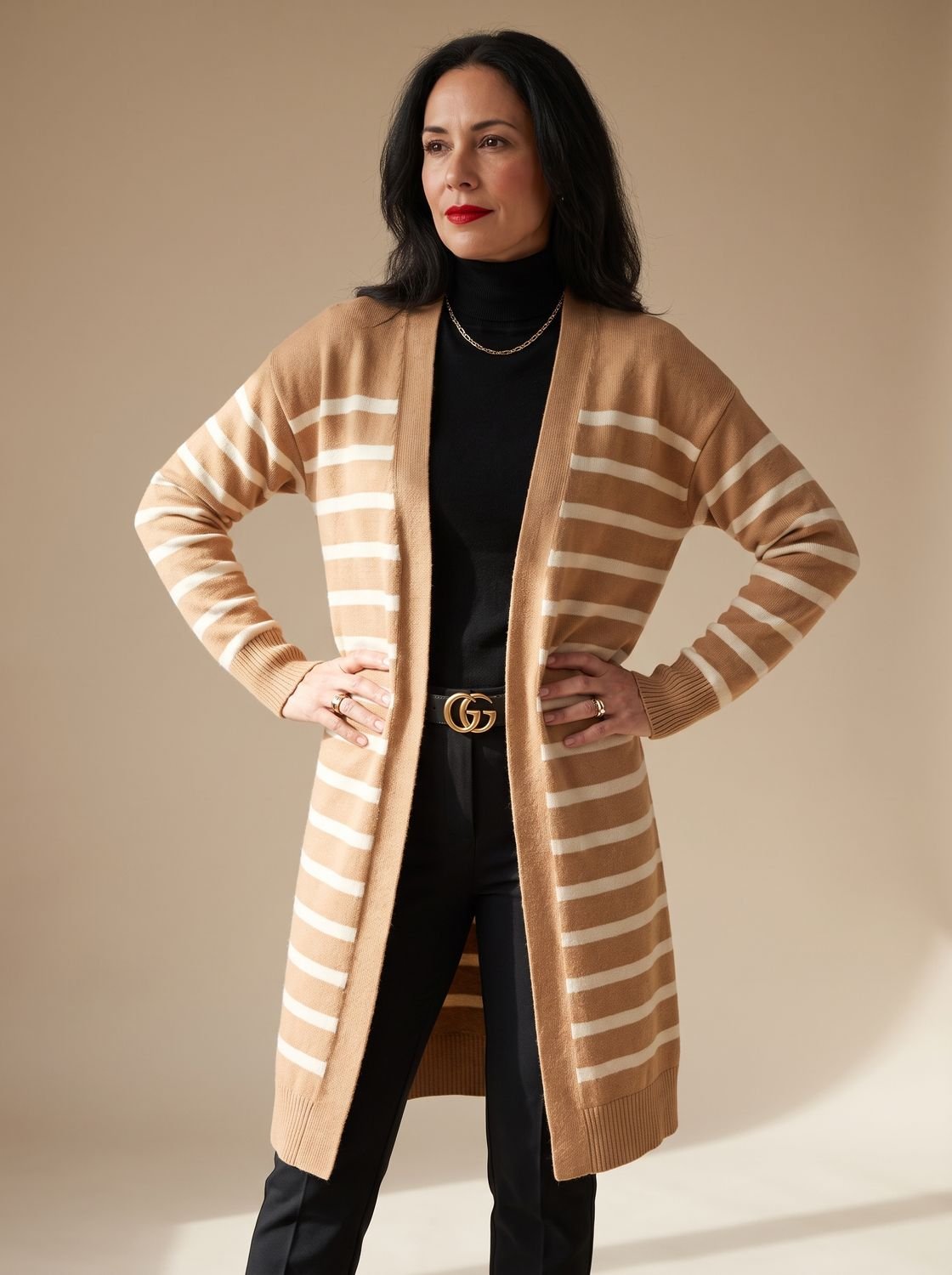 Women's Oversized Striped Long Open-Front Knit Cardigan