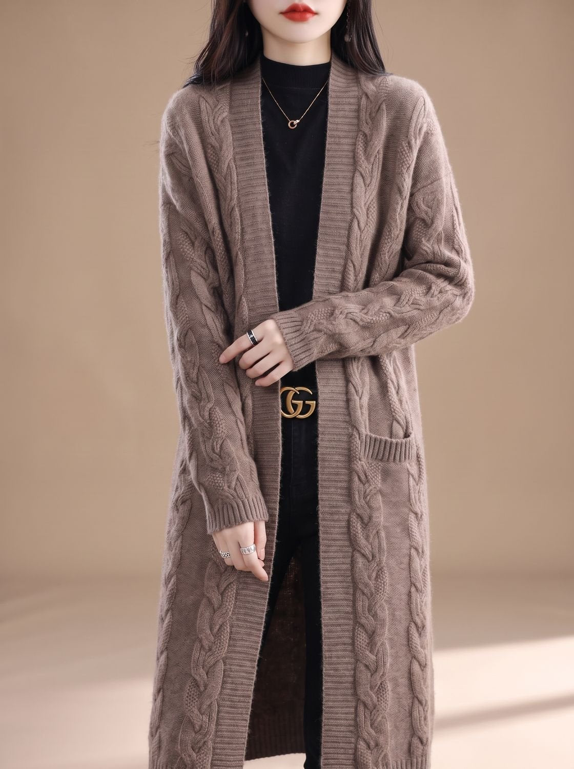 Women's Oversized Striped Long Open-Front Knit Cardigan