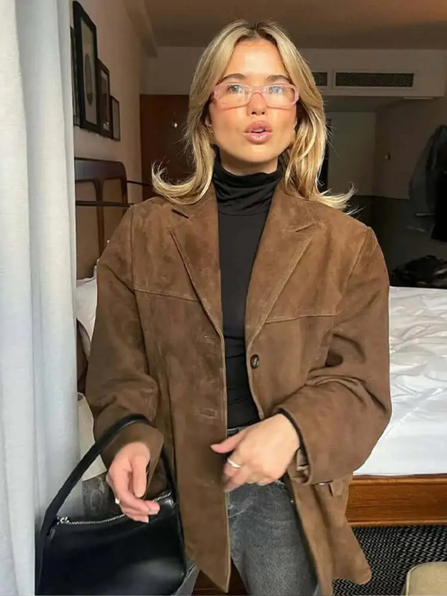 Women's Oversized Suede Blazer Jacket Brown Longline Coat - Brown