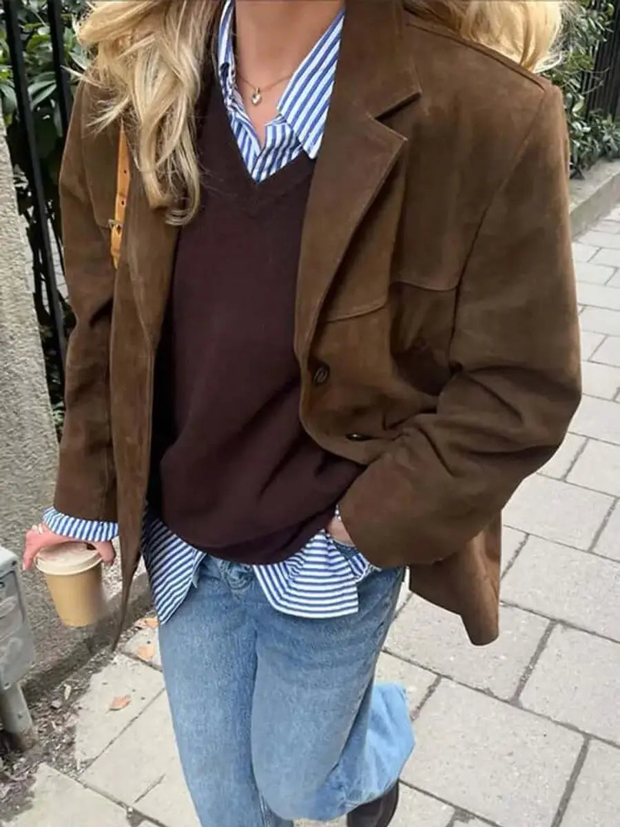 Women's Oversized Suede Blazer Jacket Brown Longline Coat