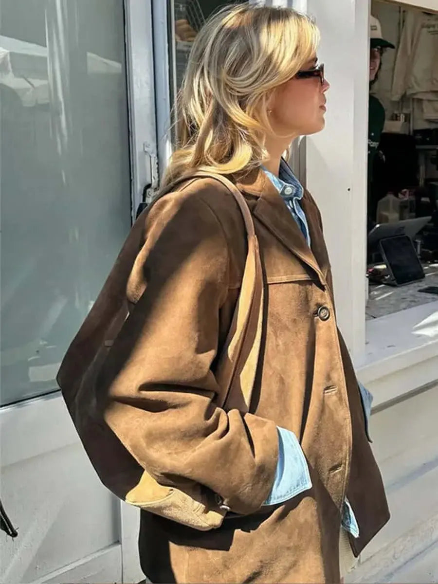 Women's Oversized Suede Blazer Jacket Brown Longline Coat