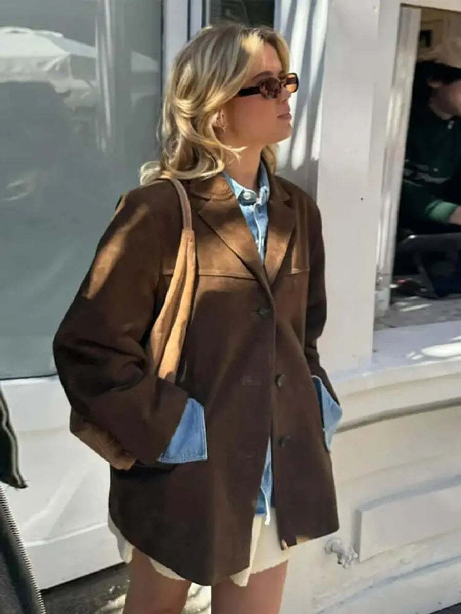 Women's Oversized Suede Blazer Jacket Brown Longline Coat