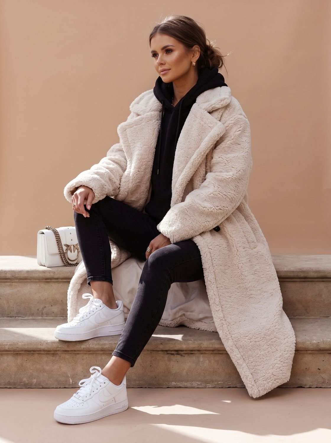 Women's Oversized Teddy Faux Fur Long Winter Coat - Taupe