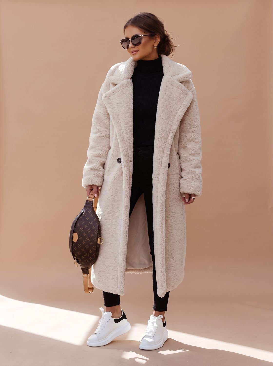 Women's Oversized Teddy Faux Fur Long Winter Coat - Brown
