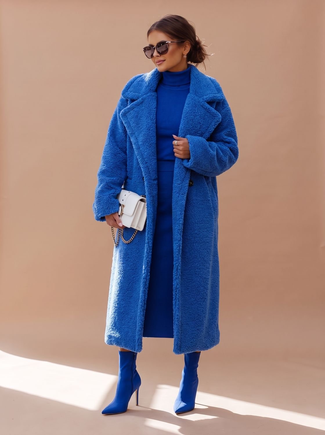 Women's Oversized Teddy Faux Fur Long Winter Coat - Blue