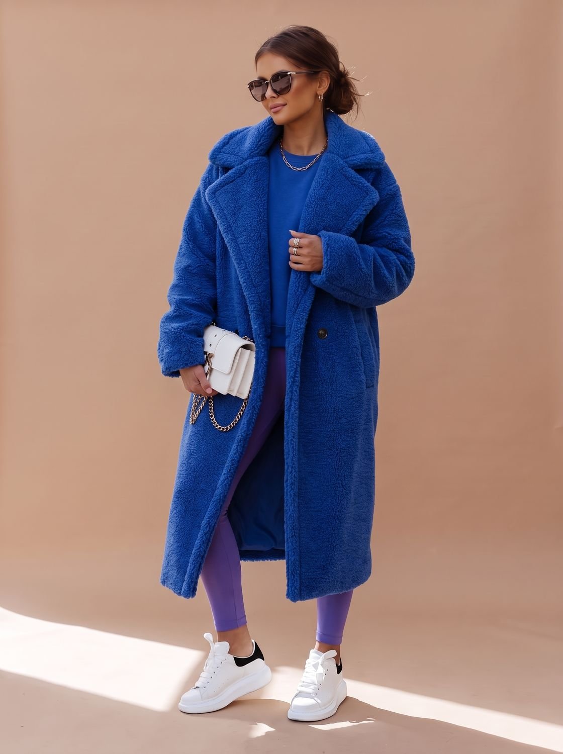 Women's Oversized Teddy Faux Fur Long Winter Coat - Dark Blue