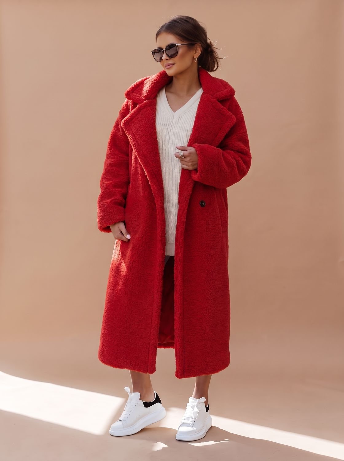 Women's Oversized Teddy Faux Fur Long Winter Coat - Red