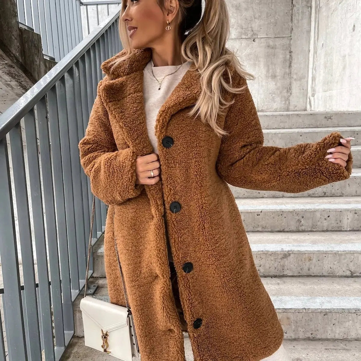 Women's Oversized Teddy Fleece Long Puffer Jacket Coat - Brown
