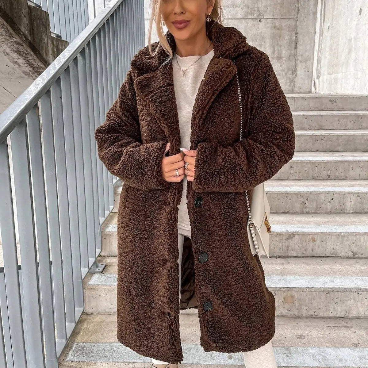 Women's Oversized Teddy Fleece Long Puffer Jacket Coat - Dark Brown