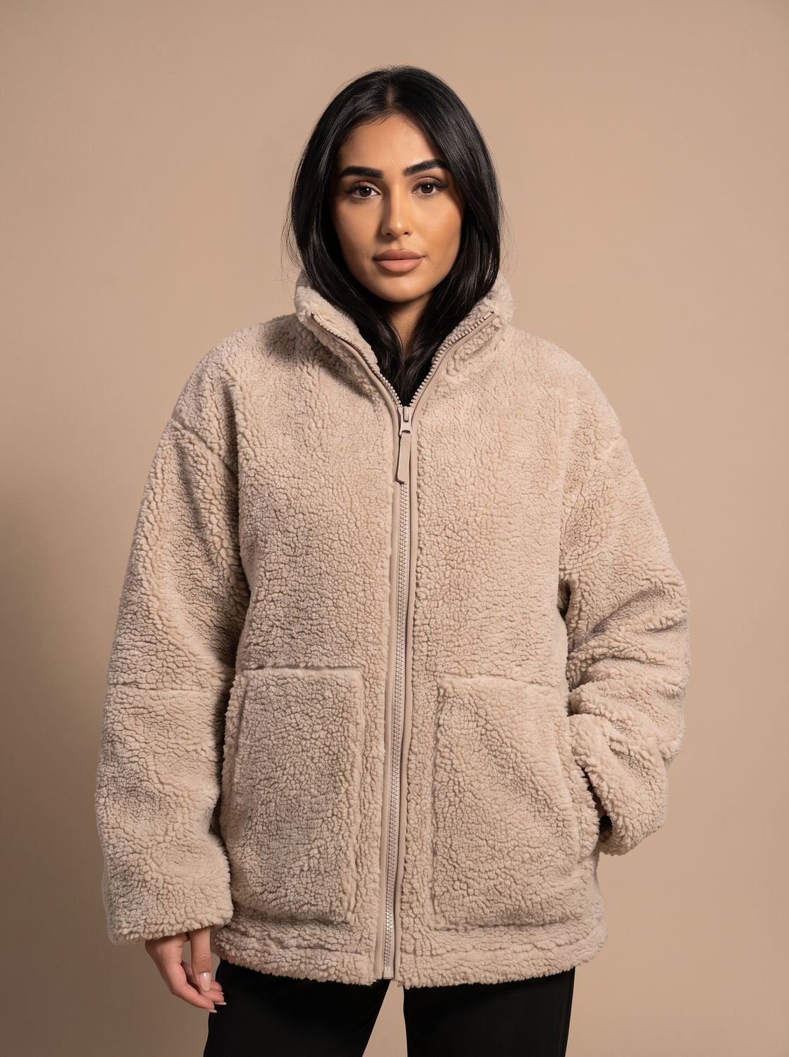 Women's Oversized Teddy Fleece Zip-Up Jacket - Brown