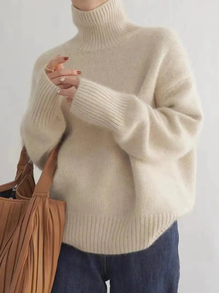 Women's Oversized Turtleneck Cashmere Knit Sweater Jumper - Beige
