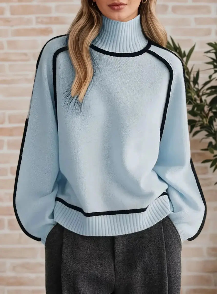 Women's Oversized Turtleneck Contrast Stripe Knit Sweater - Blue