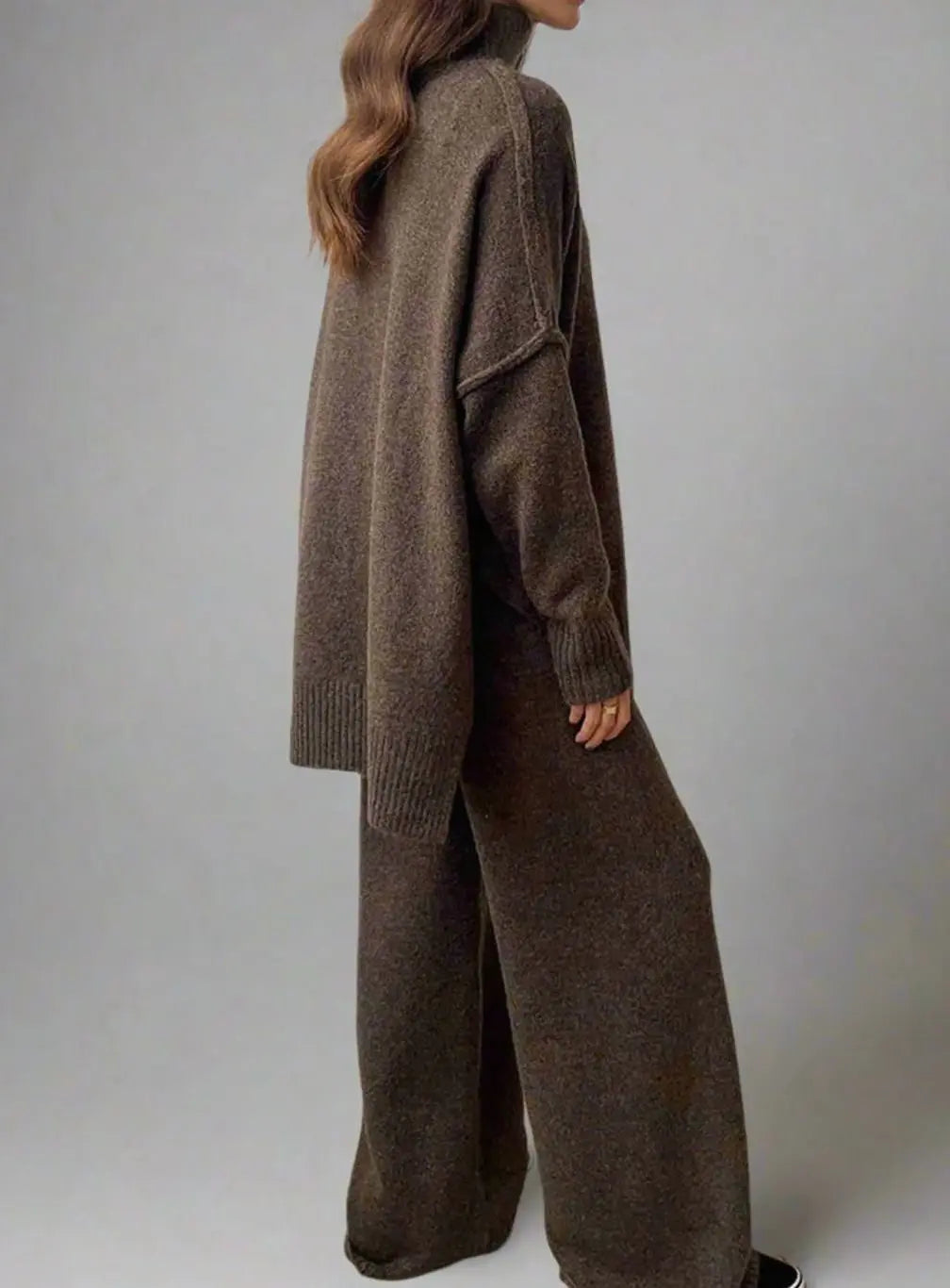Women's Oversized Turtleneck Knit Wide-Leg Lounge Set - Brown